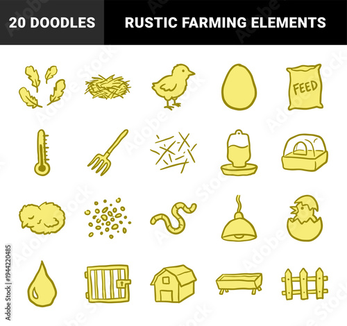Hand-drawn poultry farming and chicken coop elements for rustic brand identity. Naive marker sketch illustrations featuring backyard bird care concepts.