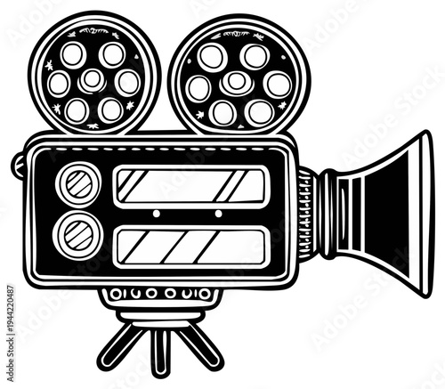 Vintage Movie Camera Illustration Detailed Line Art Film Production Equipment Black and White Classic Cinematography