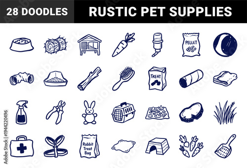 Rabbit care and small pet supplies in a naive doodle style. Rustic hand-drawn marker sketch illustrations for domestic animal welfare and bunny ownership.