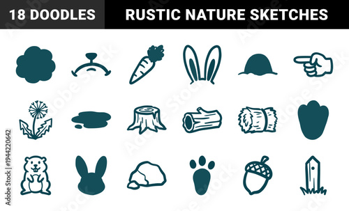 Rustic hand-drawn woodland and garden elements for organic branding. Naive marker sketch illustrations featuring rabbit, carrot, and nature motifs.