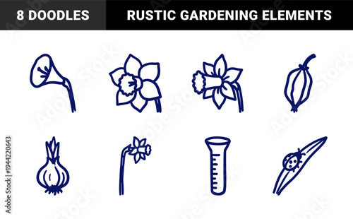 Hand-drawn spring gardening elements and daffodil flowers for organic brand identity. Rustic, naive marker sketch illustrations featuring floral growth concepts.