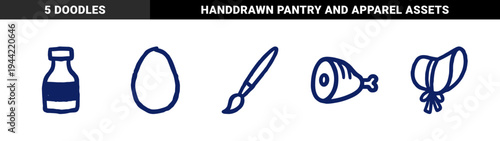 Hand-drawn rustic kitchen and utility elements for organic brand identity. Naive marker sketch illustrations featuring egg, bottle, brush, bonnet, and meat.