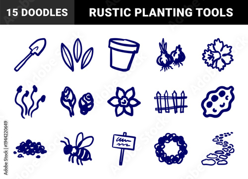 Hand-drawn garden and spring planting elements in a rustic marker sketch style. Naive organic doodles featuring bulbs, tools, and floral motifs.