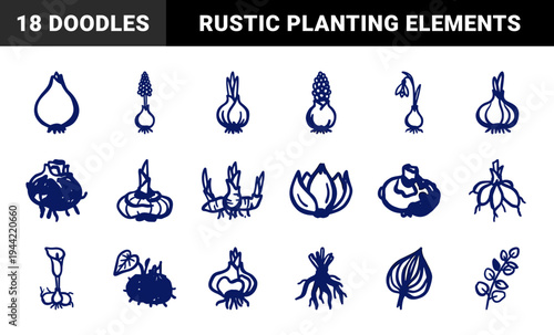 Hand-drawn botanical flower bulbs and garden rhizomes for organic branding. Rustic naive marker sketch illustrations featuring various spring planting elements.