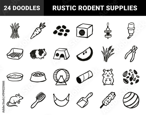 Hand-drawn small pet care and rodent accessories for organic brand identity. Rustic, naive marker sketch illustrations featuring hamster and guinea pig supplies.