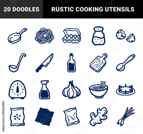 Hand-drawn rustic kitchen utensils and Asian cooking ingredients for organic brand identity. Naive marker sketch illustrations of culinary tools.