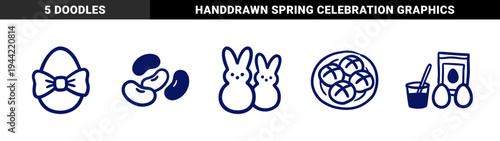 Hand-drawn Easter holiday elements for rustic brand identity. Naive marker sketch illustrations featuring chocolate bunnies, eggs, and hot cross buns.