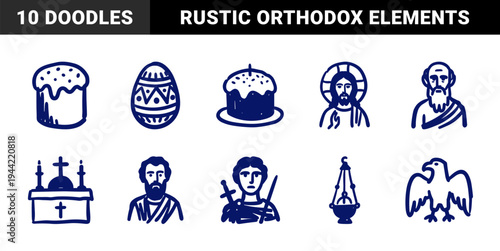 Orthodox Christian Easter and Byzantine religious elements in a rustic hand-drawn doodle style. Naive marker sketch illustrations of Jesus, saints, and liturgical items.