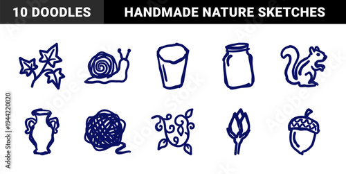 Hand-drawn rustic nature and household elements for organic brand identity. Naive marker sketch illustrations featuring autumn garden and cottage life concepts.