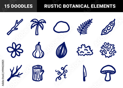 Hand-drawn organic nature and botanical elements for rustic brand identity. Naive marker sketch illustrations featuring plants and garden concepts.