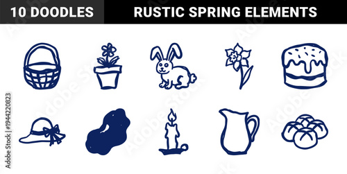 Easter and Spring seasonal elements in a naive marker sketch style. Rustic hand-drawn doodles featuring bunny, daffodil, basket, hot cross buns, and cake for holiday branding.