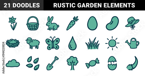 Hand-drawn spring and Easter garden elements with naive doodle aesthetic. Rustic marker sketch illustrations of rabbits, eggs, and plants for organic branding.