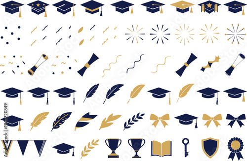 A collection of graduation icons and symbols in blue and gold colors