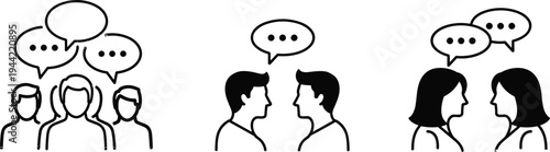 Communication icons set showing group discussion, male conversation, female dialogue, speech bubbles, teamwork, social interaction, networking concept, minimal line illustration