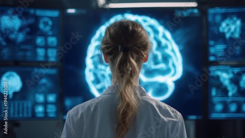 Examining the Mind: A medical professional intently studies brain imaging on multiple monitors, revealing the complexities of human cognition.