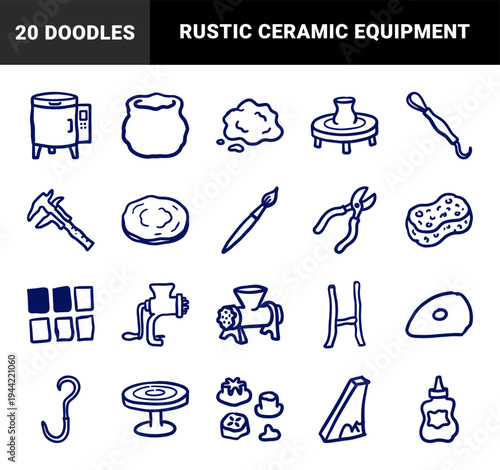 Hand-drawn pottery and ceramic studio equipment for creative branding. Rustic naive marker sketch illustrations of clay crafting and sculpting tools.