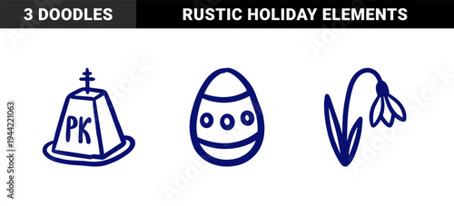 Hand-drawn Eastern Orthodox Easter elements with Paskha cake, decorated egg, and snowdrop flower. Rustic naive blue marker sketch illustrations.