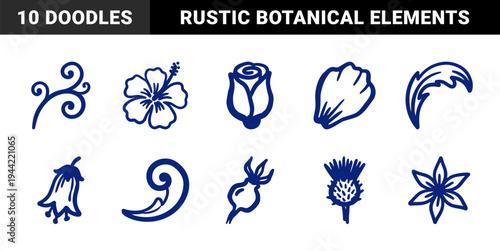 Hand-drawn botanical doodles and floral sketches for organic branding. Rustic, naive marker line art featuring rose, hibiscus, lily, and wildflower elements.