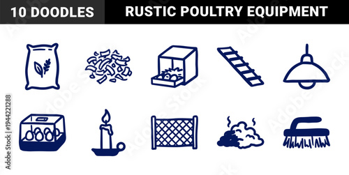 Hand-drawn poultry farming and agriculture elements for rustic brand identity. Naive marker sketch illustrations of coop, feed, and hatchery.