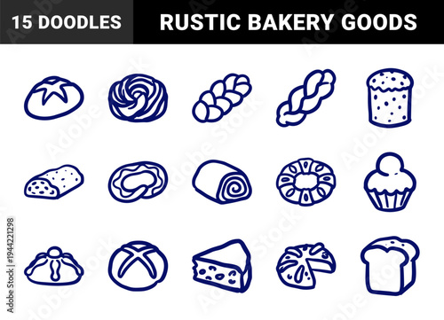 Hand-drawn bakery and artisan bread doodles for rustic branding. Naive marker sketch illustrations featuring sourdough, croissants, and pastries.