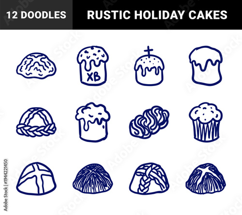 Hand-drawn Easter bread and traditional holiday bakes for festive branding. Rustic naive marker sketch featuring kulich and paska cakes.
