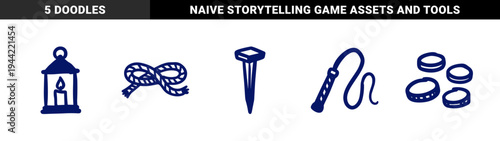 Hand-drawn medieval adventure and dungeon crawler elements for rustic gaming branding. Naive marker sketch illustrations of classic fantasy RPG items.