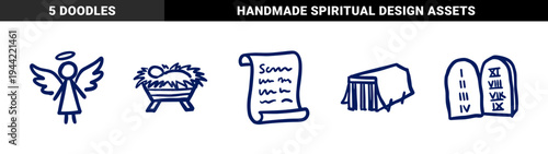 Biblical nativity and covenant symbols in a naive marker sketch style. Rustic hand-drawn religious illustrations for spiritual storytelling and education.