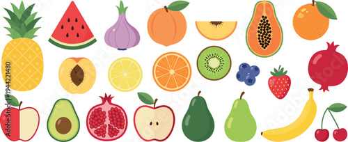 Fresh tropical and garden fruits vector set with pineapple, watermelon, orange, kiwi, banana, apple and pomegranate illustration