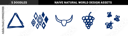 Hand-drawn rustic organic elements and nature symbols featuring bees, grapes, bull horns, and geometric diamonds in a naive marker sketch style.