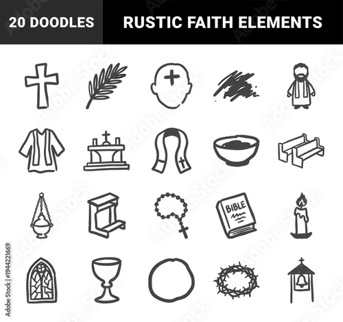 Hand-drawn Christian religious symbols for church branding and spiritual identity. Naive marker sketch illustrations featuring catholic and protestant faith concepts.