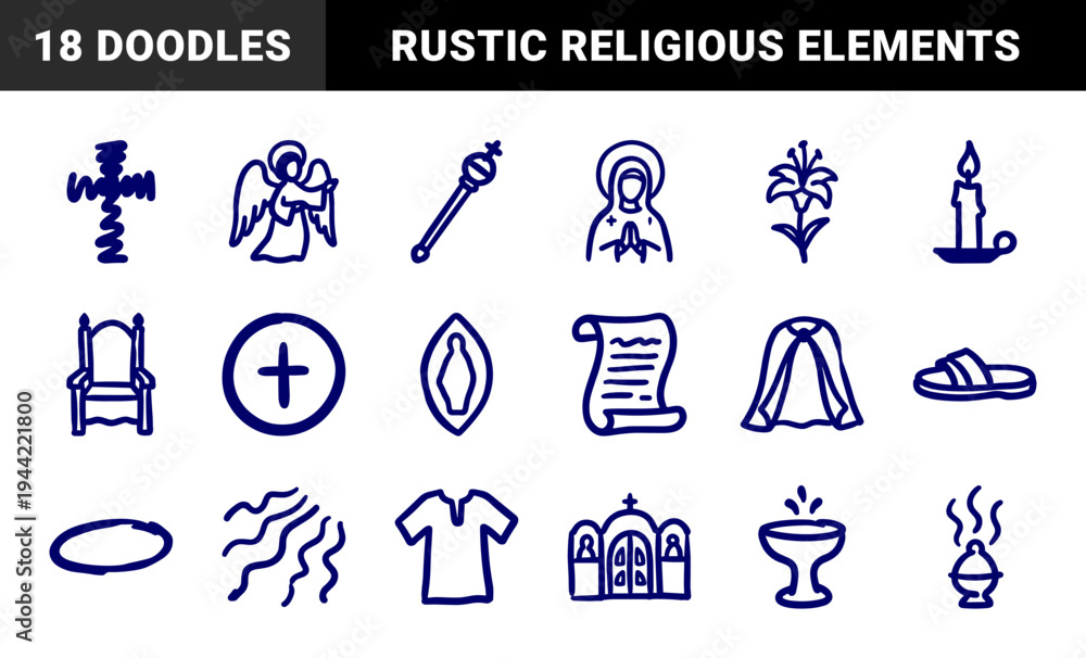 Naklejka premium Hand-drawn Christian liturgical symbols and Orthodox religious elements. Rustic naive marker sketch illustrations for spiritual branding and church events.