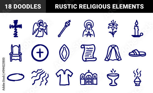 Hand-drawn Christian liturgical symbols and Orthodox religious elements. Rustic naive marker sketch illustrations for spiritual branding and church events.