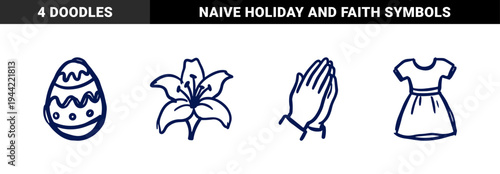 Hand-drawn Easter and religious celebration elements in naive marker sketch style. Rustic navy blue doodle illustrations of spring lily and prayer.
