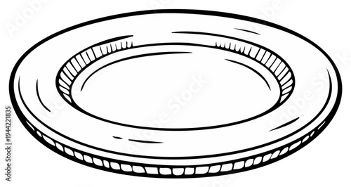 Simple outline drawing of a round dinner plate with a raised rim and textured edge