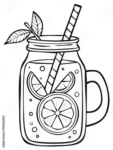 Hand-drawn illustration of a refreshing lemonade in a mason jar with citrus slices and mint leaves, suitable for coloring