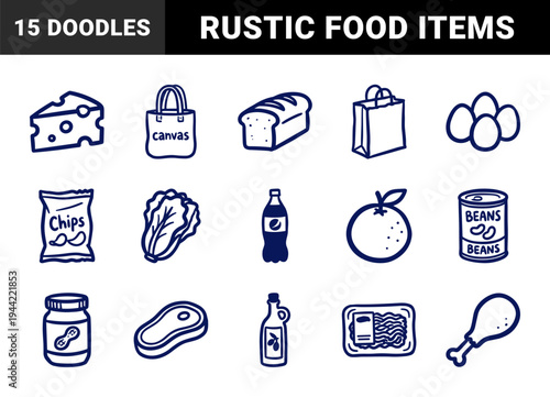 Hand-drawn grocery and supermarket shopping elements for food retail branding. Rustic naive marker sketch illustrations of pantry staples and dairy.