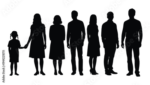 A group of seven people standing in a line, including a child and six adults, depicted in black silhouette against a white background, conveying a sense of unity and togetherness