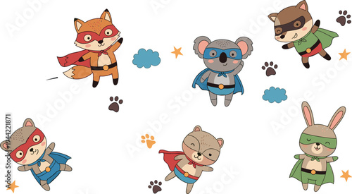 Cute Woodland Animal Superhero Characters Vector Set Featuring Fox, Bear, Raccoon, Bunny and Koala in Cartoon Costume Style