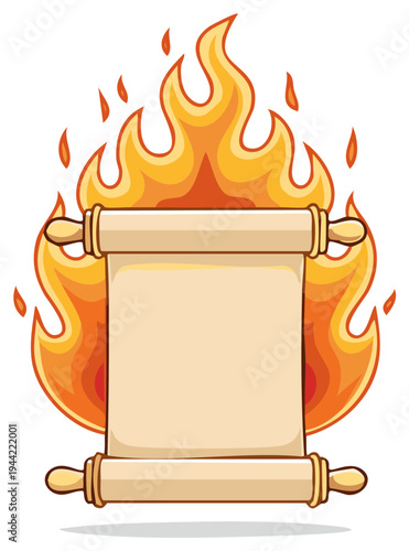 Burning Scroll with Flames, Cartoon Vector Illustration, Fire Background