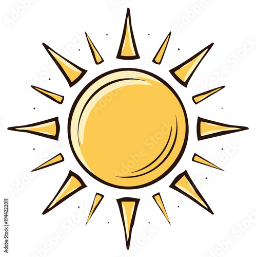 Bright cartoon sun with sharp rays and sparkling dots symbol of daylight and warmth