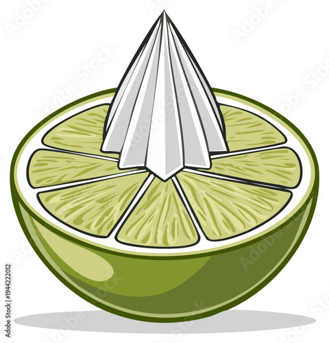 Vibrant green lime half with a citrus juicer reamer graphic illustration