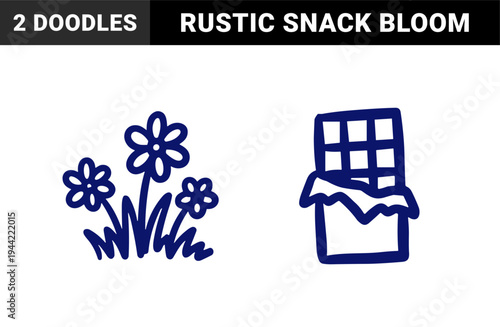 Hand-drawn chocolate bar and blooming spring flowers for organic brand identity. Rustic naive marker sketch featuring sweet treats and nature.