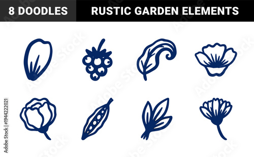 Rustic hand-drawn botanical elements for organic branding. Naive marker sketch illustrations of wildflowers, berries, and seed pods in a crude minimal style.