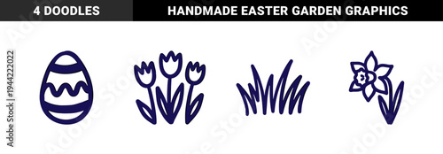 Hand-drawn Easter and spring garden elements for organic branding. Rustic, naive marker sketch illustrations featuring seasonal floral and holiday motifs.