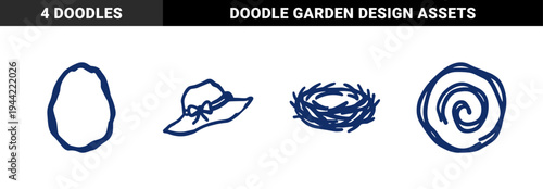 Hand-drawn rustic summer and nature elements for organic brand identity. Naive marker sketch illustrations of egg, sun hat, bird nest, and spiral.