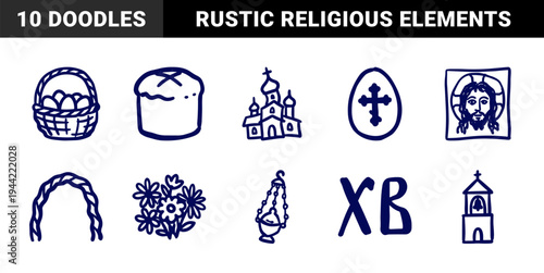 Orthodox Easter celebration doodles in a rustic marker sketch style. Naive hand-drawn religious elements featuring paska bread, eggs, and church architecture.