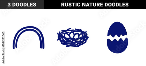Hand-drawn spring nature elements in a naive blue marker doodle style. Rustic illustrations featuring a bird nest with eggs, a double rainbow, and a cracked eggshell.
