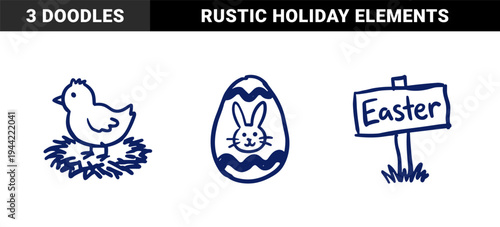 Easter holiday hand-drawn doodle elements for festive seasonal branding. Rustic naive marker sketch illustrations featuring a baby chick in a nest and bunny egg.