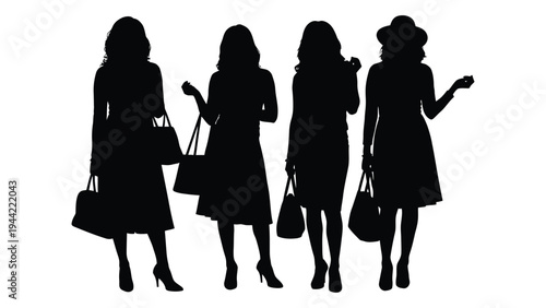 Silhouettes of four women in dresses and heels carrying handbags