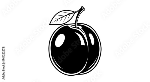 Black and white illustration of ripe plum with a leaf against a white backdrop